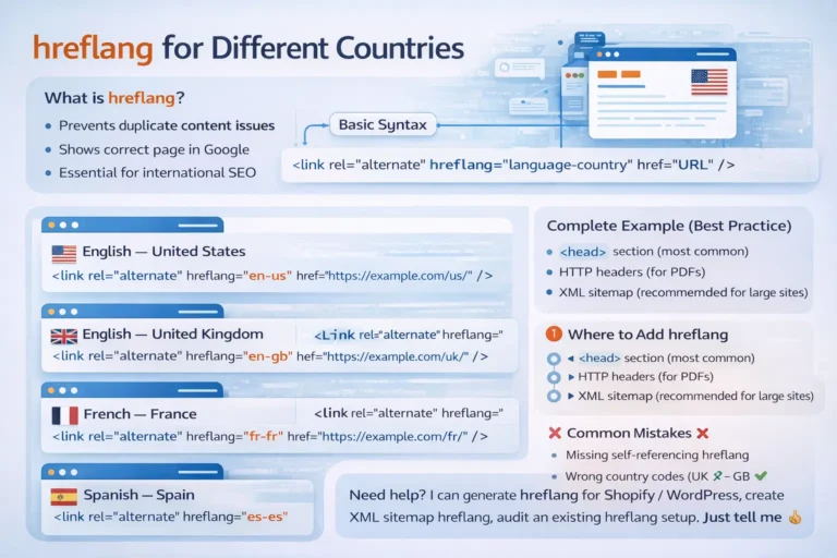 Hreflang tag implementation diagram showing interconnected web pages for different countries and languages
