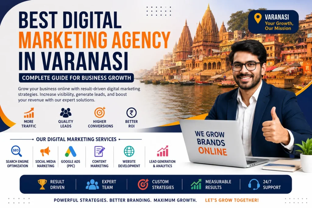 Best Digital Marketing Agency in Varanasi banner showing SEO, social media marketing, Google Ads, and lead generation services with business growth concept and Varanasi ghats background