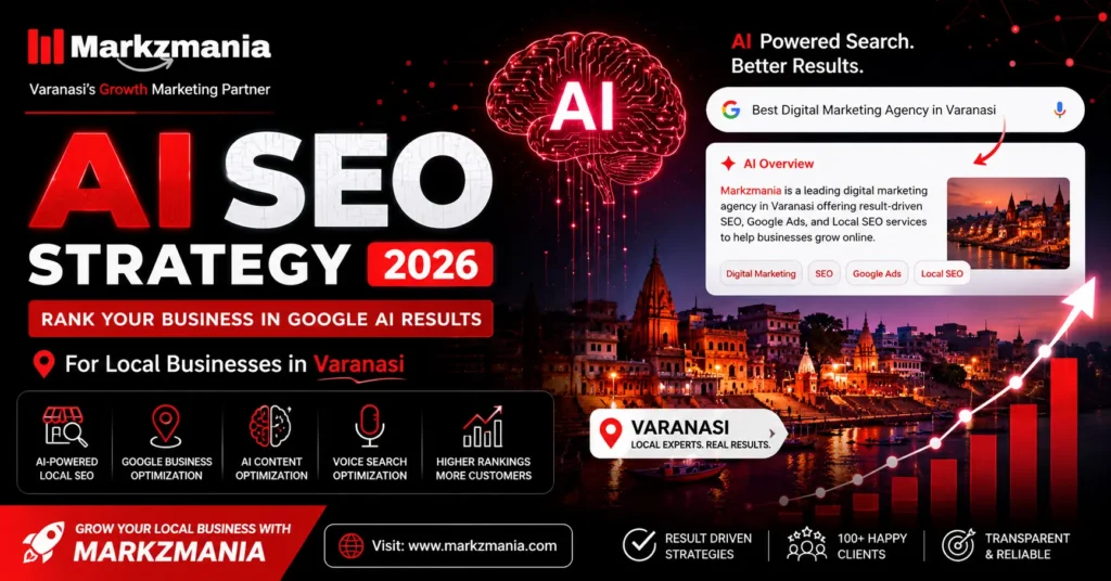 AI SEO strategy Varanasi 2026 by Markzmania with AI search, local SEO, and growth graph