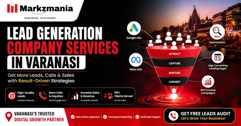 Lead Generation Company Services in Varanasi banner by Markzmania showing digital marketing funnel, Google Ads, Meta Ads, SEO optimization, and high-converting lead strategies for business growth.