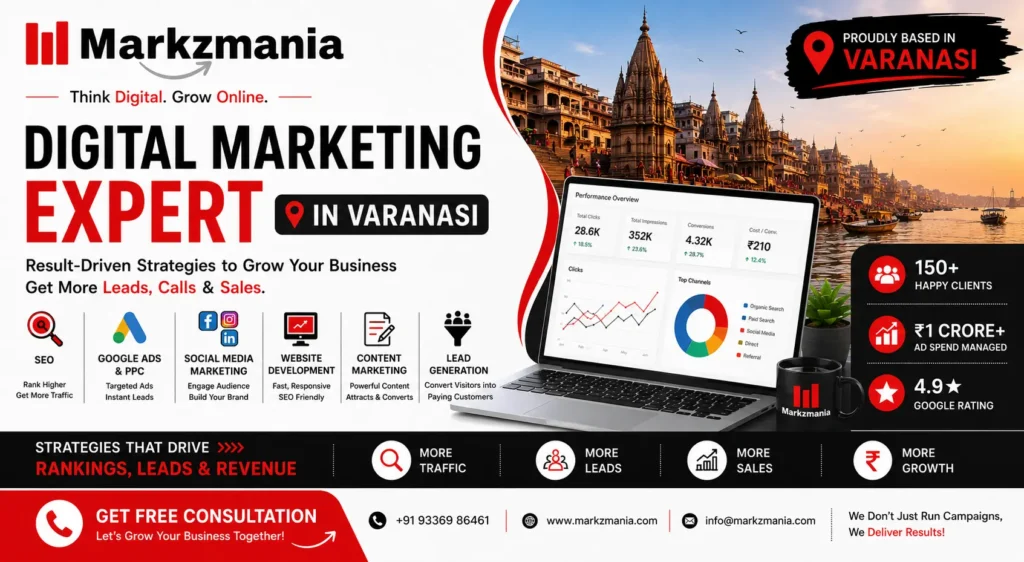 Digital Marketing Expert in Varanasi - Markzmania agency banner showcasing SEO, Google Ads, social media marketing and lead generation services