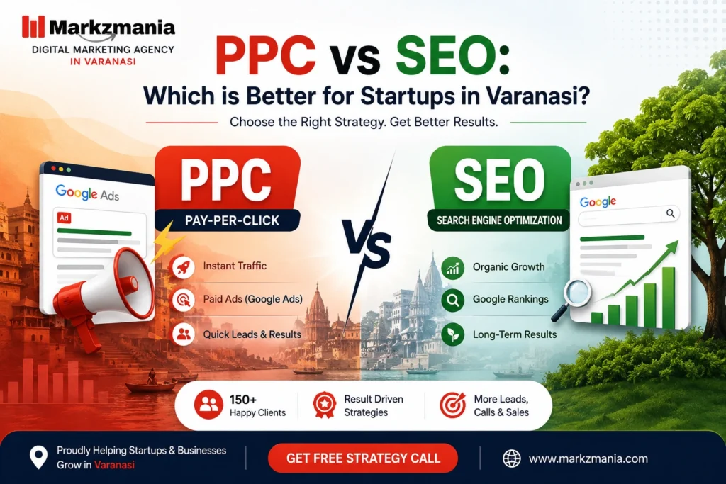 PPC vs SEO which is better for startups in Varanasi – Markzmania digital marketing comparison showing Google Ads vs organic growth